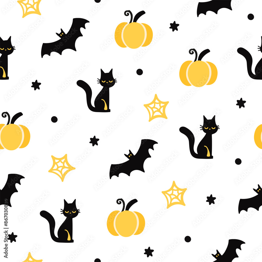 Halloween seamless design with ghost, skull, pumpkin, hat, plants, leaves, house, bat. Vector illustration, set, set of elements Halloween seamless design with ghost, skull, pumpkin, hat, plants, leaves, house, bat. Vector illustration, set, set of elements