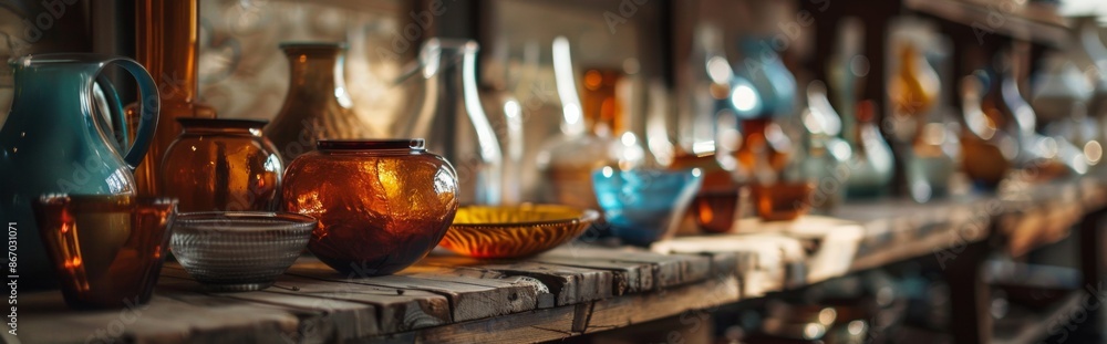 Assorted Glassware on Rustic Shelf Assorted Glassware on Rustic Shelf