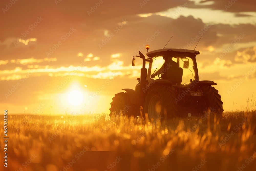 Fototapeta premium Silhouette of a Tractor Against a Sunset