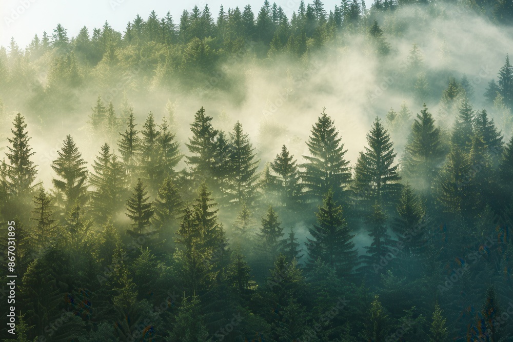 A serene, misty forest landscape at dawn, bathed in the golden glow of the rising sun. Generative AI A serene, misty forest landscape at dawn, bathed in the golden glow of the rising sun. Generative AI
