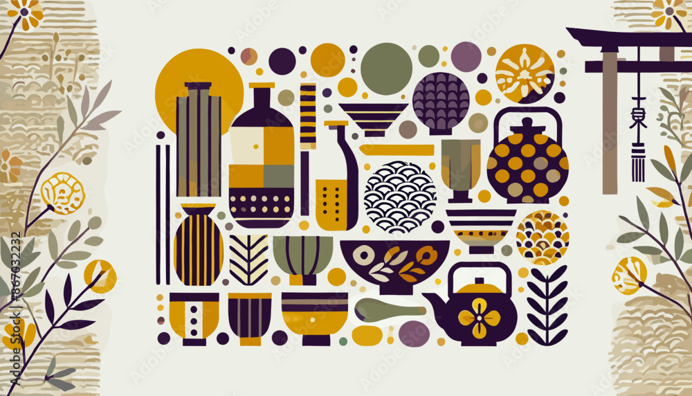 Naklejka premium Concept of the image of Japanese pottery. Vector illustration.