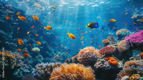 Fototapeta Naklejka Na Ścianę i Meble -  A colorful and enchanting underwater scene featuring vibrant coral reefs, exotic fish, and sea creatures. Generative AI