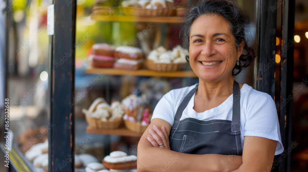 Portrait of successful Hispanic businesswoman, standing in front of her bakery, small business owner concept, copy space Portrait of successful Hispanic businesswoman, standing in front of her bakery, small business owner concept, copy space