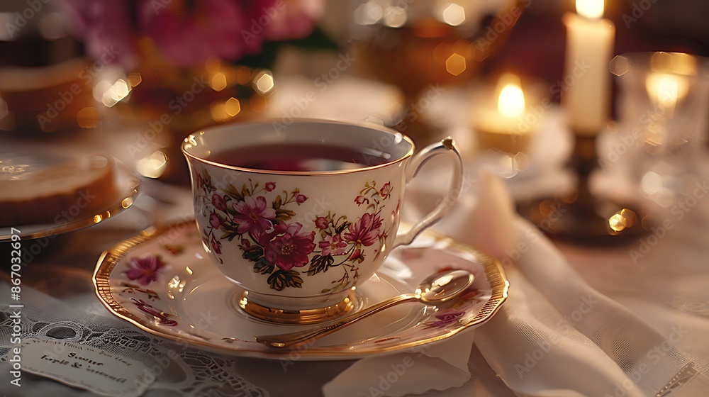 Table setting with white teacup with flower design on gold plate, atop white tablecloth.
Table setting with white teacup with flower design on gold plate, atop white tablecloth.