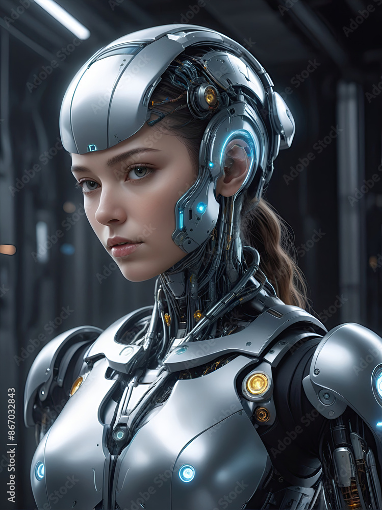 ai generative, female cyborg with mechanisms and wires in head, digital technological as a background