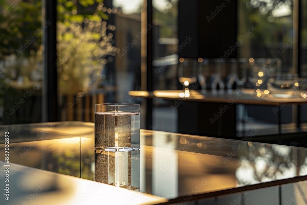 Elegance in Emptiness: Hasselblad-Captured Showcase of an Empty Glass Table Top with Outdoor Vibes Background Elegance in Emptiness: Hasselblad-Captured Showcase of an Empty Glass Table Top with Outdoor Vibes Background