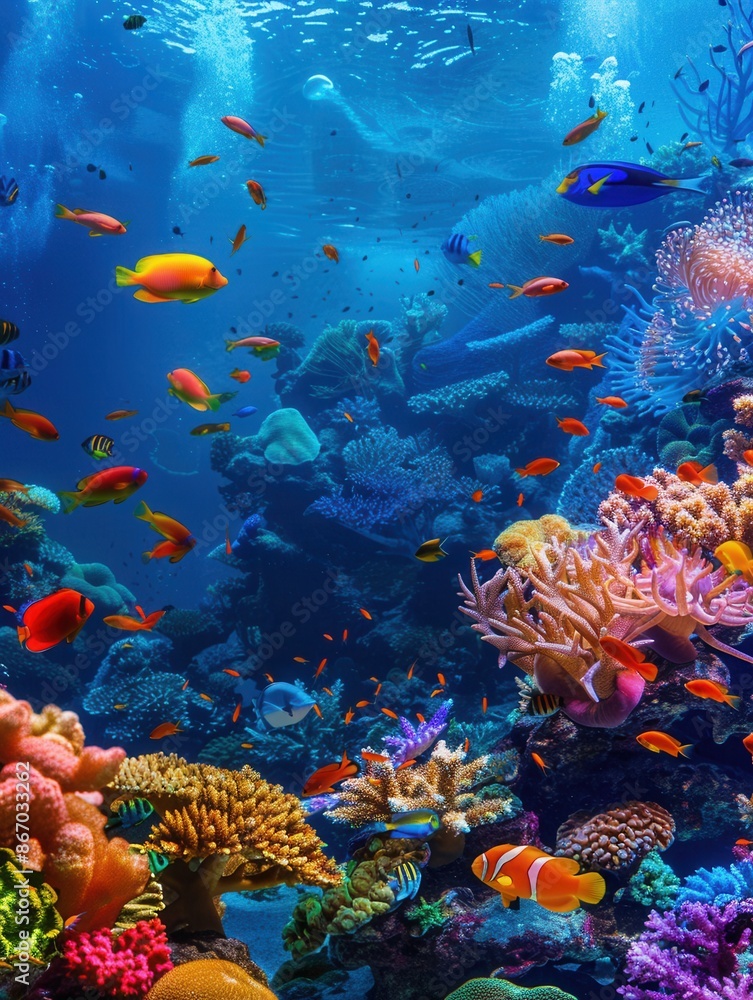 Naklejka premium A vibrant underwater scene featuring a variety of colorful fish swimming amidst intricate coral formations. Generative AI