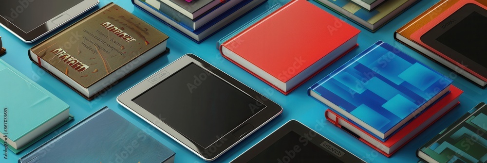 Fototapeta premium A close-up image of tablets and e-readers displaying educational materials and e-textbooks, showcasing the modern landscape of digital learning. Generative AI