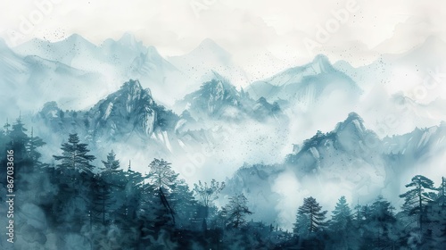 ethereal ink wash painting of misty chinese mountains with delicate brushstrokes creating a dreamlike landscape bathed in soft diffused light photo