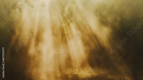ethereal light rays piercing through misty forest soft focus dreamy atmosphere muted earth tones