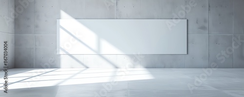 Minimalist empty room with concrete walls, large blank canvas hanging, and natural light casting shadows from the window.