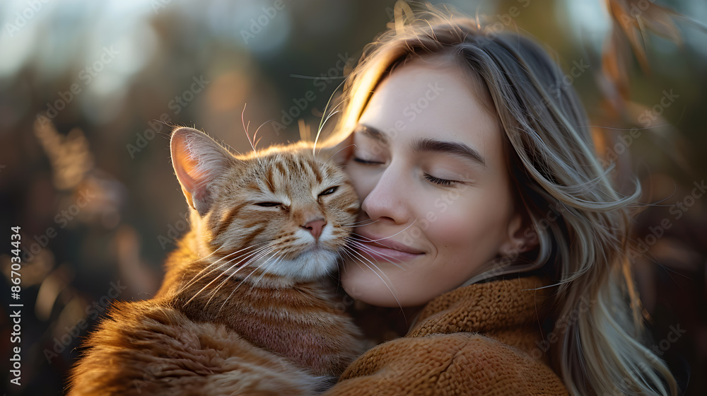 Young Woman Embracing Ginger Cat Outdoors in Autumn Sunlight, Expressing Love and Happiness Young Woman Embracing Ginger Cat Outdoors in Autumn Sunlight, Expressing Love and Happiness