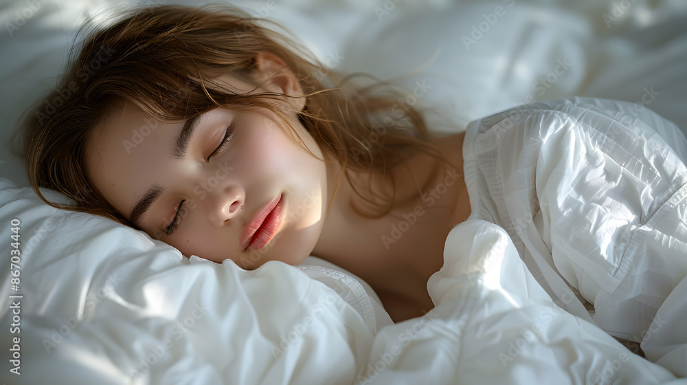 Peaceful Young Woman Sleeping in White Bedding with Soft Morning Light Peaceful Young Woman Sleeping in White Bedding with Soft Morning Light