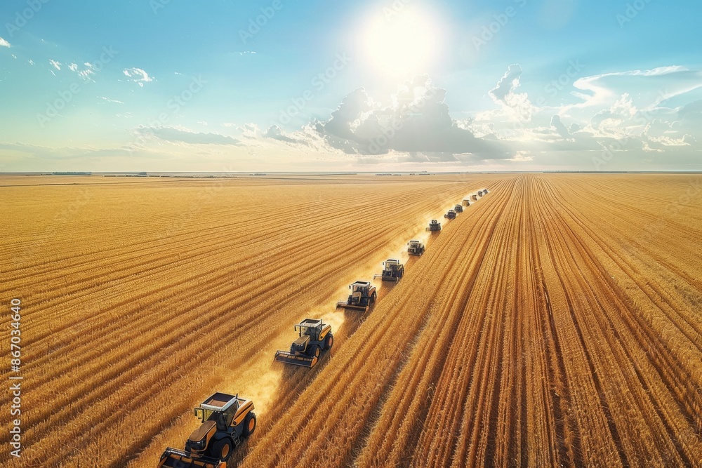 Obraz premium Aerial View of Combines Harvesting Wheat Field