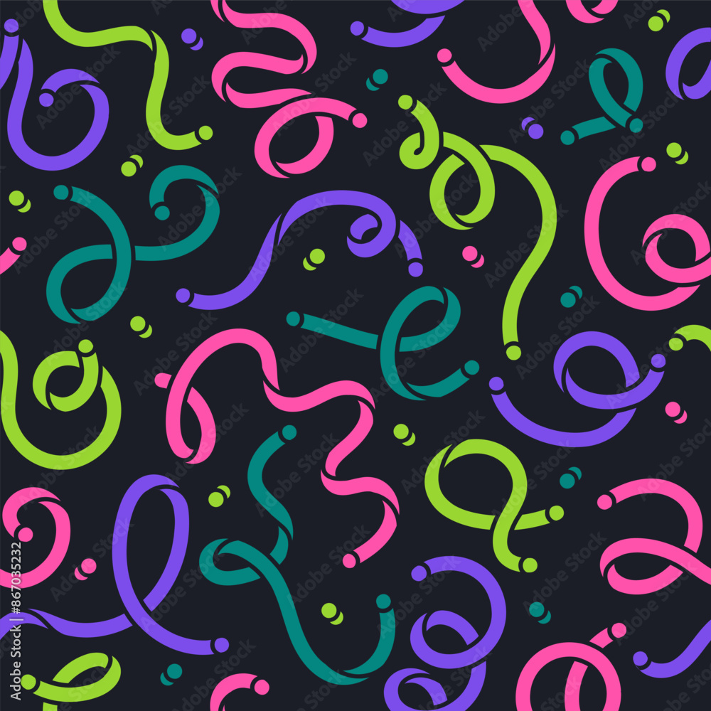 Fototapeta premium Abstract twisted shapes seamless pattern. Doodle scribble lines endless design, colorful creative minimalist style flat vector background illustration. Funny scribble shapes pattern