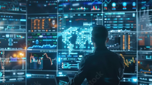 financial analyst immersed in holographic data screens studying intricate price charts and market indicators in a futuristic trading environment