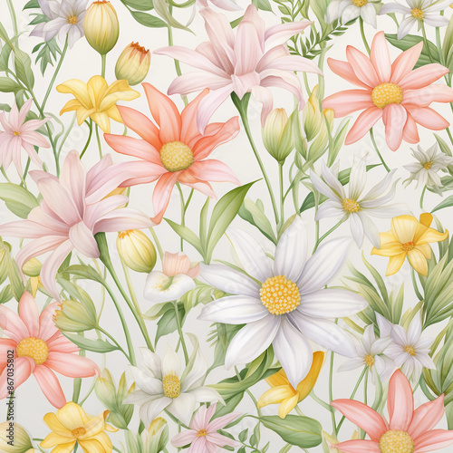 A seamless pattern of watercolor pastel pink, yellow and white daisies