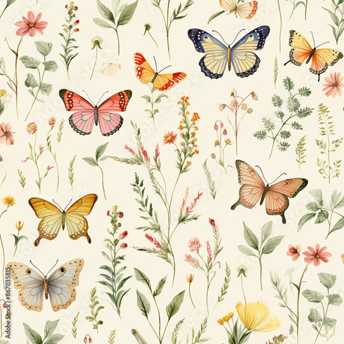 A seamless pattern of vintage butterflies and wildflowers, with soft pastel colors on a cream background © Moose