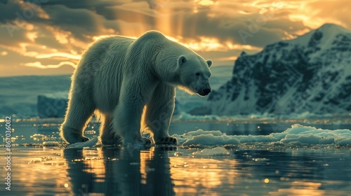 Polar Bear Strolling at Sunset on the Ice © GOLVR