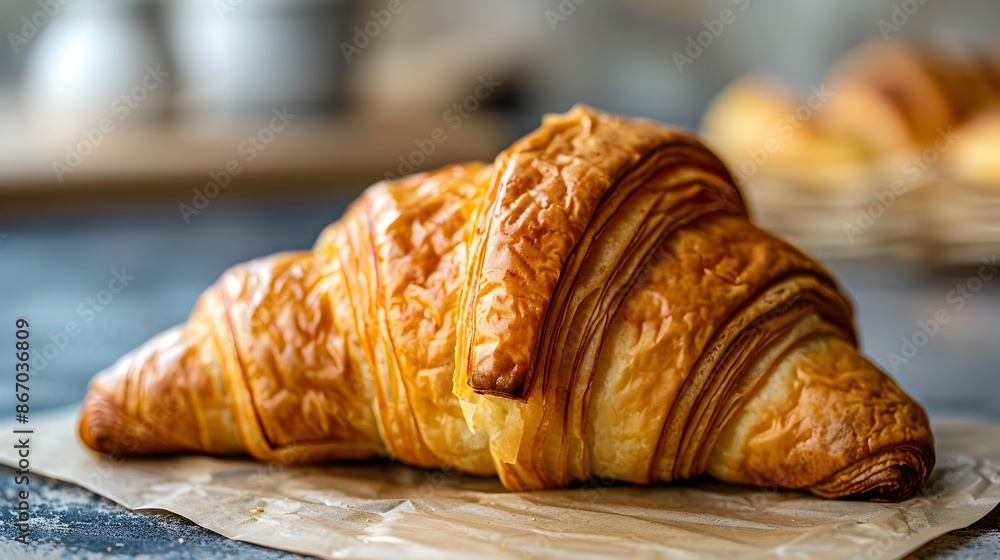 Freshly Baked Flaky and Buttery Golden Croissant with Visible Layers on Baking Sheet Freshly Baked Flaky and Buttery Golden Croissant with Visible Layers on Baking Sheet