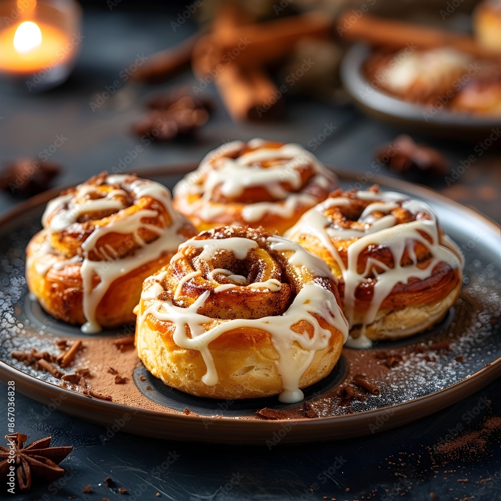 Freshly Baked Cinnamon Rolls with Creamy Icing on a Rustic Wooden Plate Freshly Baked Cinnamon Rolls with Creamy Icing on a Rustic Wooden Plate
