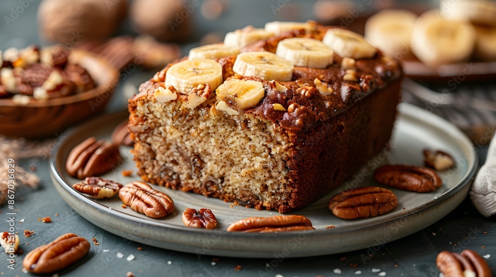 Homemade Slice of Rustic Banana Bread with Toasted Nuts on Wooden Plate Homemade Slice of Rustic Banana Bread with Toasted Nuts on Wooden Plate