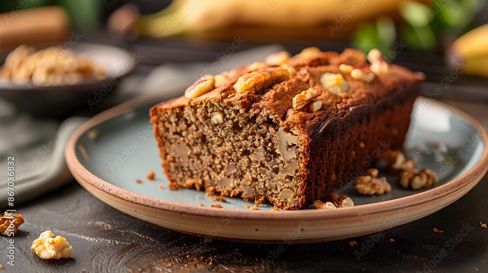 Mouthwatering Banana Bread Slice on Rustic Plate with Nuts and Baked Goodness Mouthwatering Banana Bread Slice on Rustic Plate with Nuts and Baked Goodness