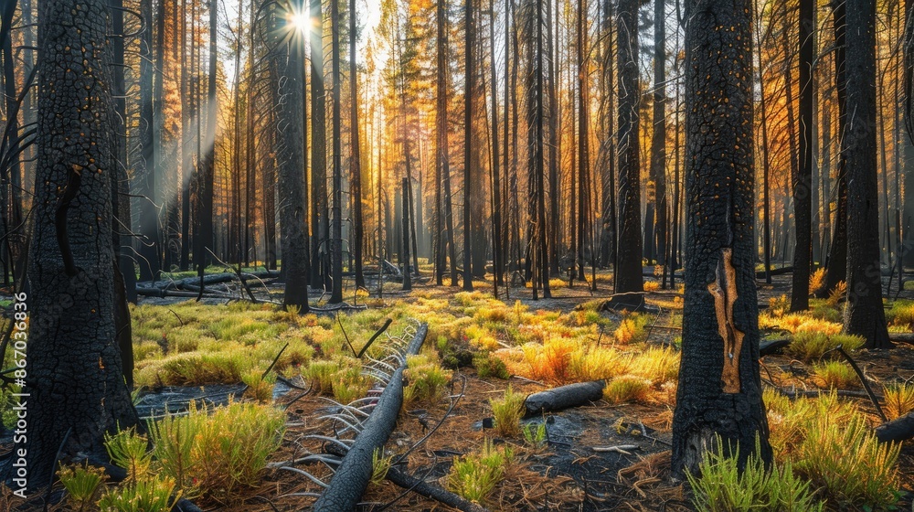 Fototapeta premium Forest Restoration After Wildfires Charred Trees and Vibrant Undergrowth