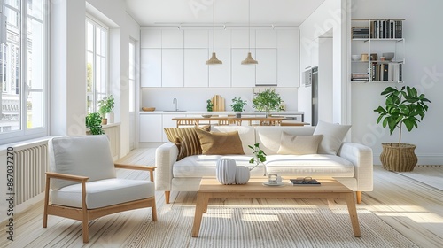 Serenely Modern Living Room with Open Kitchen, Natural Light, and Cozy Minimalist Decor