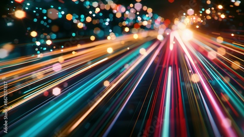 High-speed urban traffic on a city street during evening rush hour, with car headlights and busy night transport captured through motion blur lighting effects and abstract long exposure photography.