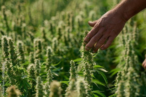 Farmer inspects a field of organically grown Cannabis plants. Concept of sustainable farming, CBD oil, medical marijuana, and alternative medicine.