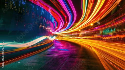 High-speed urban traffic on a city street during evening rush hour, with car headlights and busy night transport captured through motion blur lighting effects and abstract long exposure photography.