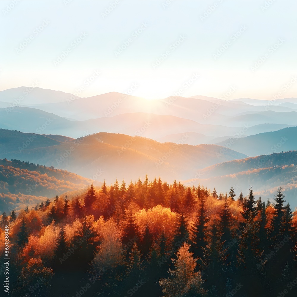 Breathtaking Autumn Sunset Over Majestic Mountain Range with Vibrant Fall Foliage