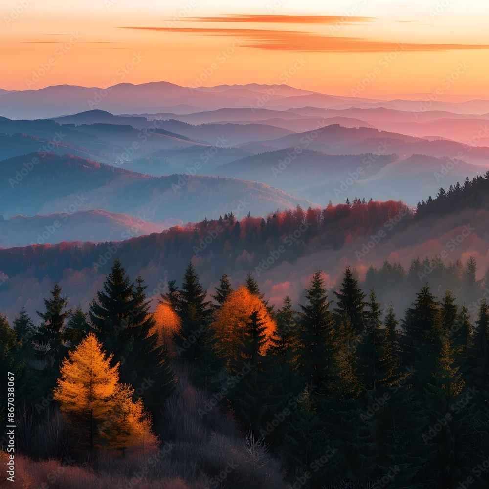 Obraz premium Vibrant Autumn Sunset over Picturesque Mountain Range with Serene Atmosphere