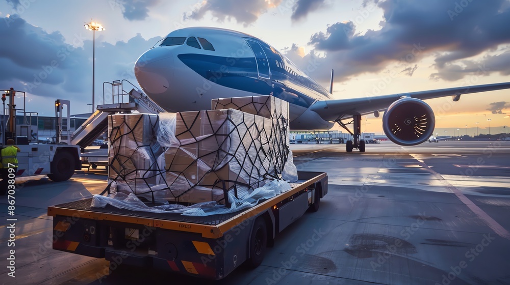 A plane parked on the tarmac surrounded by stacked boxes ready for loading. A plane parked on the tarmac surrounded by stacked boxes ready for loading.