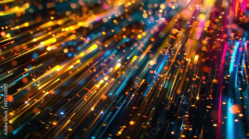 High-speed urban traffic on a city street during evening rush hour, with car headlights and busy night transport captured through motion blur lighting effects and abstract long exposure photography.