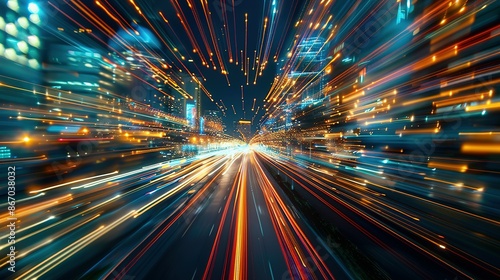High-speed urban traffic on a city street during evening rush hour, with car headlights and busy night transport captured through motion blur lighting effects and abstract long exposure photography.
