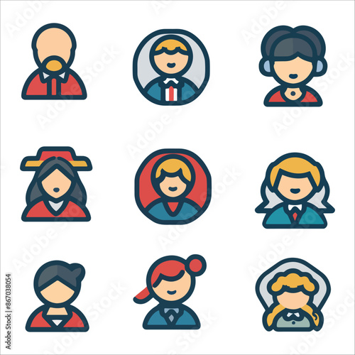 character icon Nine colorful cartoon people with different hairstyles and clothes.