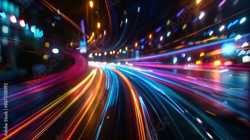High-speed urban traffic on a city street during evening rush hour, with car headlights and busy night transport captured through motion blur lighting effects and abstract long exposure photography.