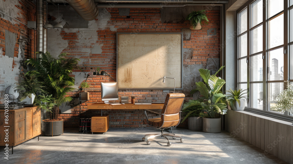 Industrial loft style home office with brick wall, large windows, wooden desk and leather chair, interior design inspiration. Industrial loft style home office with brick wall, large windows, wooden desk and leather chair, interior design inspiration.