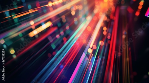 High-speed urban traffic on a city street during evening rush hour, with car headlights and busy night transport captured through motion blur lighting effects and abstract long exposure photography.