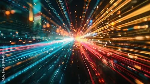 High-speed urban traffic on a city street during evening rush hour, with car headlights and busy night transport captured through motion blur lighting effects and abstract long exposure photography.