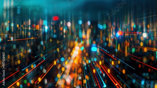High-speed urban traffic on a city street during evening rush hour, with car headlights and busy night transport captured through motion blur lighting effects and abstract long exposure photography.