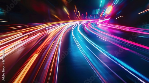 High-speed urban traffic on a city street during evening rush hour, with car headlights and busy night transport captured through motion blur lighting effects and abstract long exposure photography.