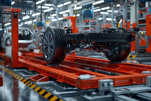 Modern car chassis with wheels on automated production line in a car factory. Automotive industry, robotics, and manufacturing concept