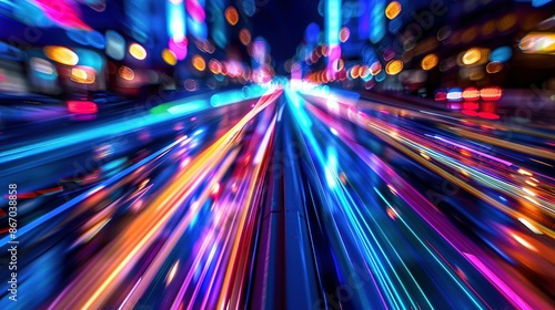 High-speed urban traffic on a city street during evening rush hour, with car headlights and busy night transport captured through motion blur lighting effects and abstract long exposure photography.