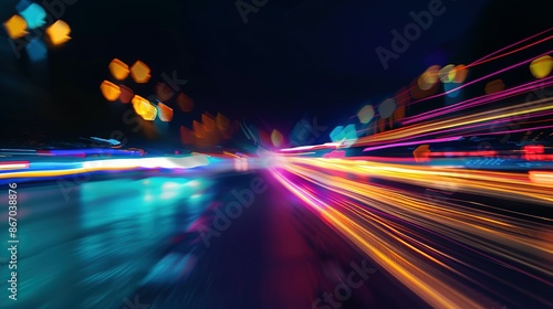 High-speed urban traffic on a city street during evening rush hour, with car headlights and busy night transport captured through motion blur lighting effects and abstract long exposure photography.