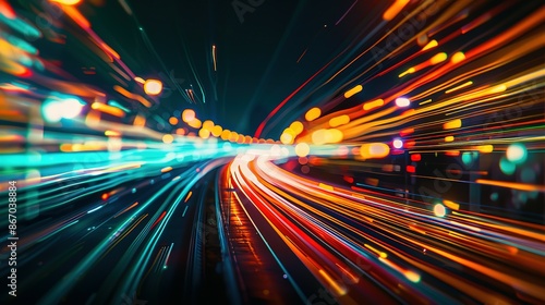 High-speed urban traffic on a city street during evening rush hour, with car headlights and busy night transport captured through motion blur lighting effects and abstract long exposure photography.