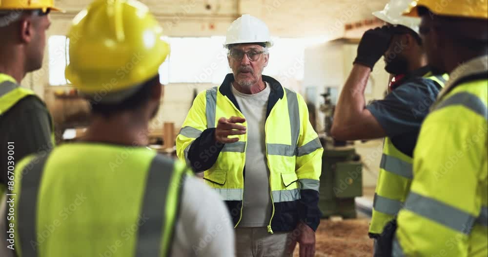 Construction team, meeting and safety check on site for compliance, accountability and ppe with helmet. People, briefing and worker inspection in building for regulation, management and protection