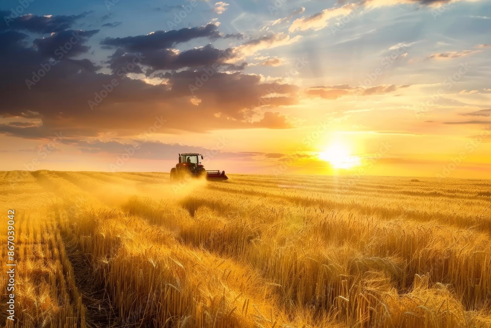 Fototapeta premium Tractor Working in a Golden Field at Sunset